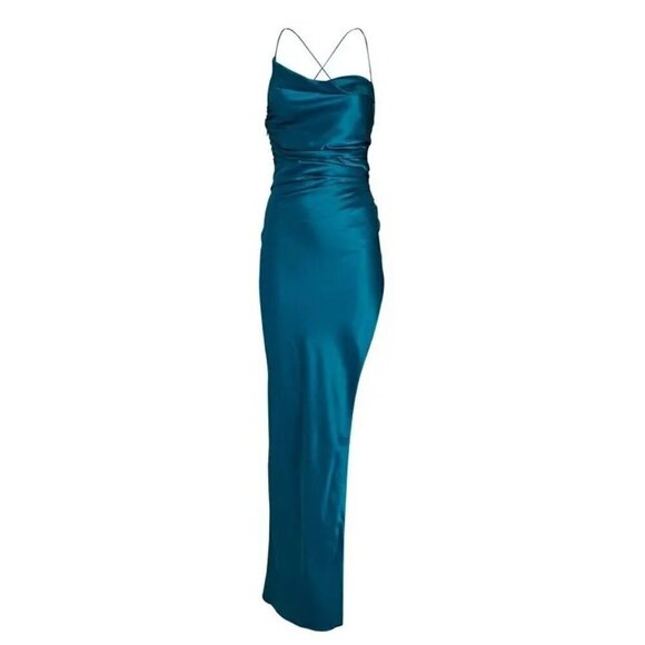 THE SEI Womens Halter Cowl Gown in Lagoon 2 New Long Maxi Satin Dress - Picture 17 of 17